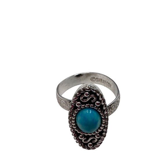 Vintage Ring Sarah Coventry Faux Turquoise Silver Tone Textured Adjustable Band - Picture 3 of 12